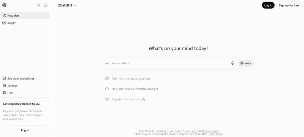 ChatGPT home screen displaying a clean chat interface with an input box, suggested prompts, and options to log in or sign up.