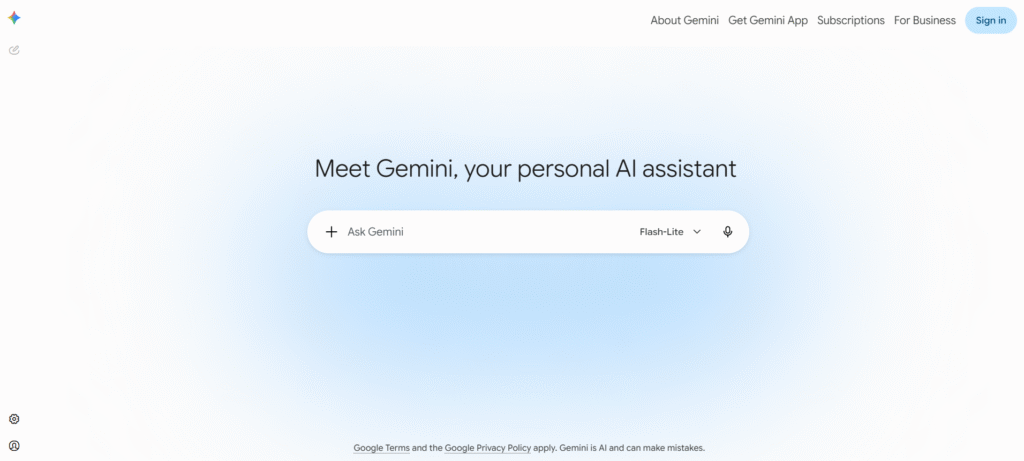 Google Gemini homepage featuring a minimal AI assistant interface with a prompt box and Flash-Lite model selection.
