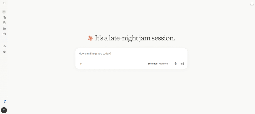 Claude AI homepage displaying a conversational interface with the greeting "It's a late-night jam session" and a prompt input area using the Sonnet 5 model.