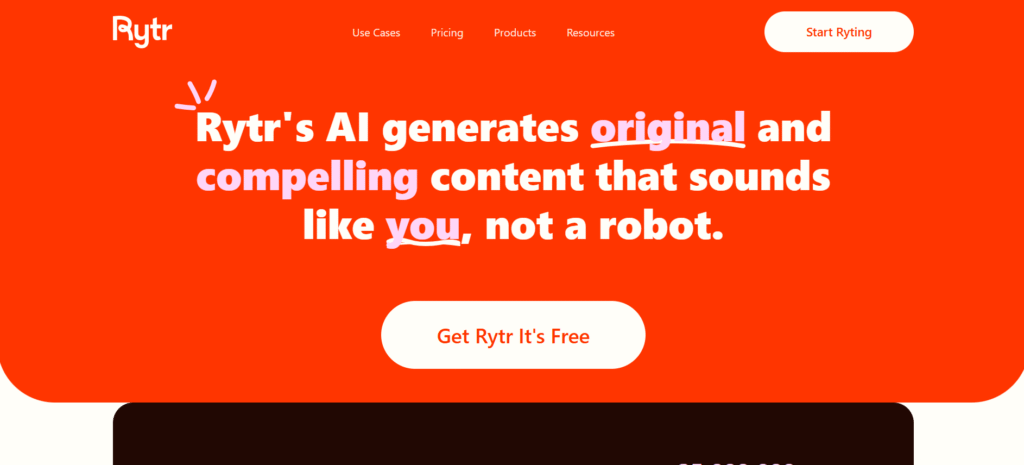 Rytr homepage featuring a bold orange design with the headline promoting AI-generated content and a "Get Rytr It's Free" call-to-action button.