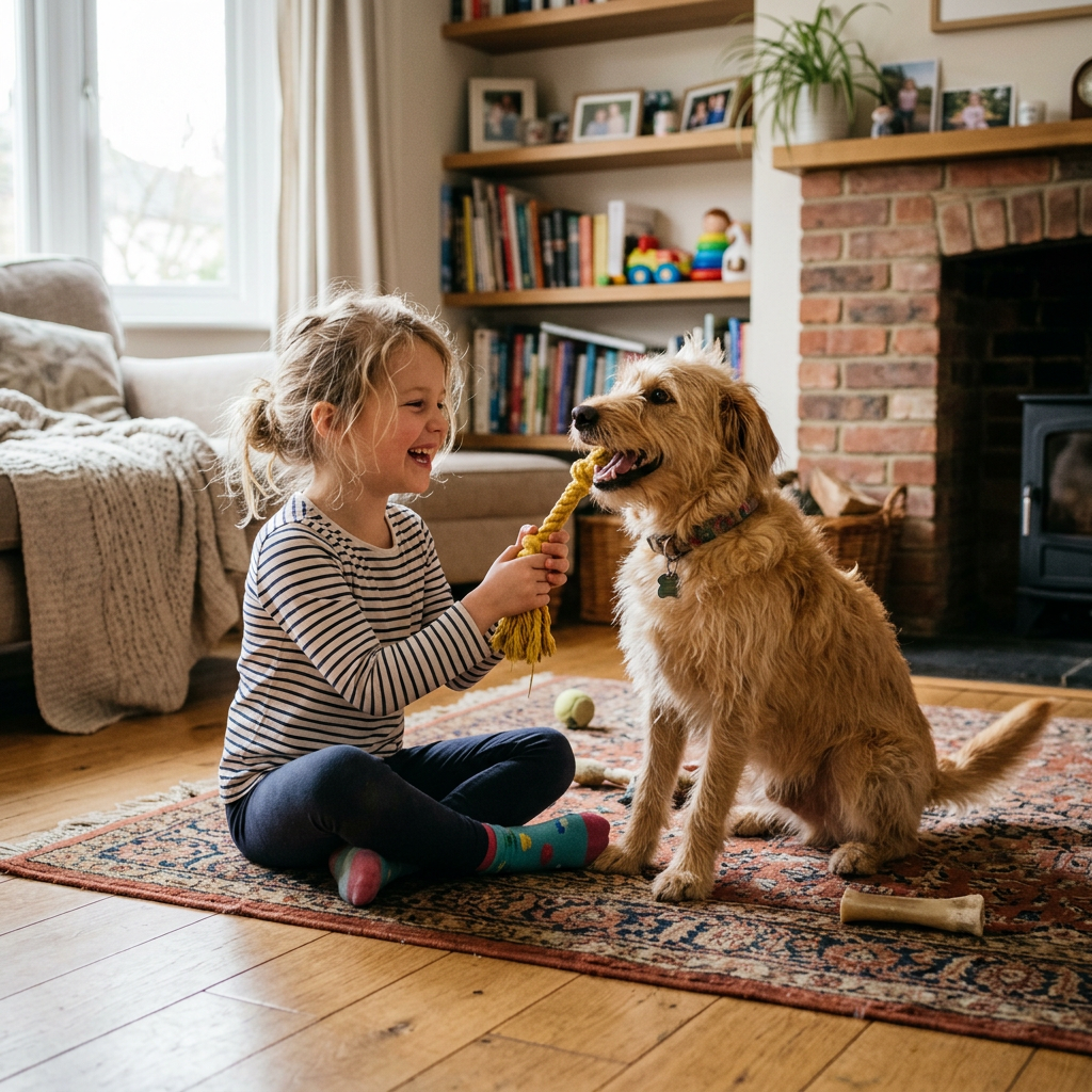 Stable Diffusion free AI image generator result, young girl in striped long-sleeve top sitting cross-legged on a patterned rug, laughing while holding a rope toy toward a fluffy golden dog, cosy living room with brick fireplace and bookshelves