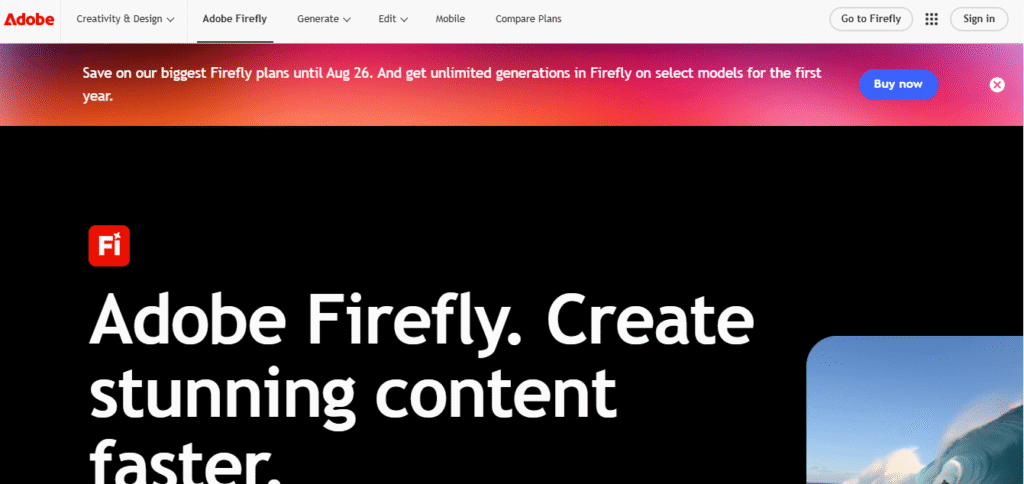 Adobe Firefly homepage showing free AI image generator plans