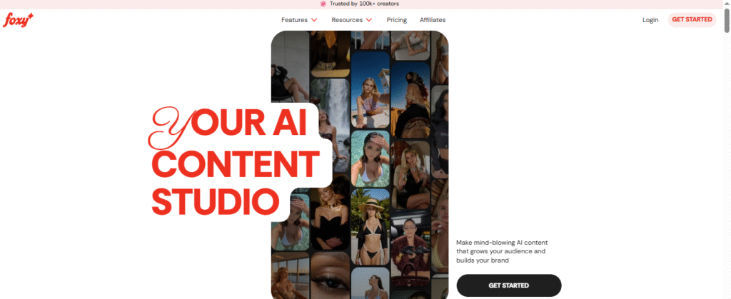 Foxy AI homepage showing AI content studio hero and creator testimonials
