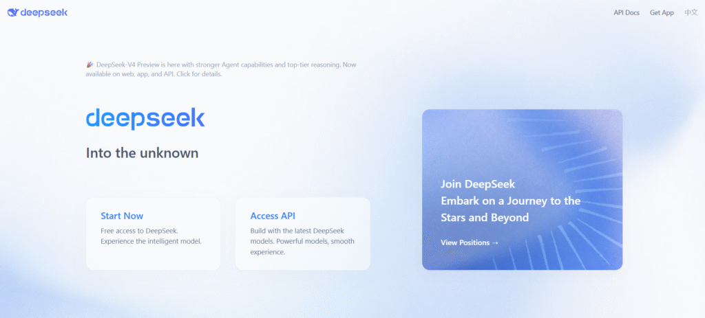 DeepSeek homepage featuring the tagline "Into the unknown" with Start Now, Access API, and careers sections.