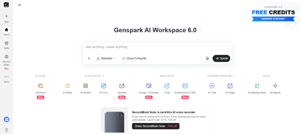 GenSpark AI Workspace 6.0 dashboard showing AI tools, chat input, office suite, and workspace features.