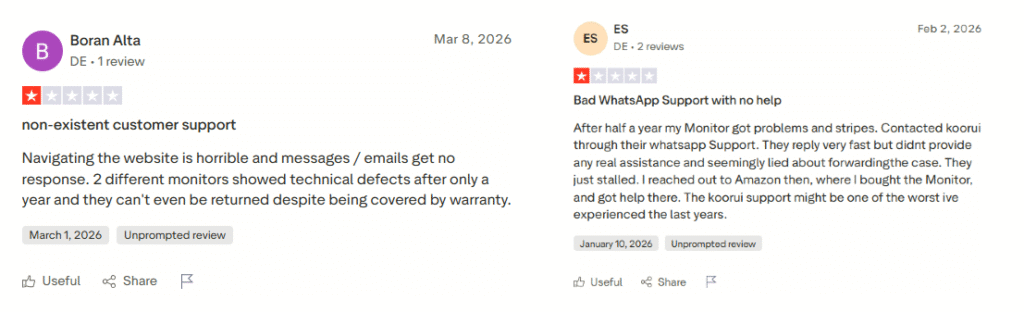 Two Trustpilot reviews of Koorui showing 1 star ratings citing WhatsApp support failure and monitor malfunction within one year of purchase