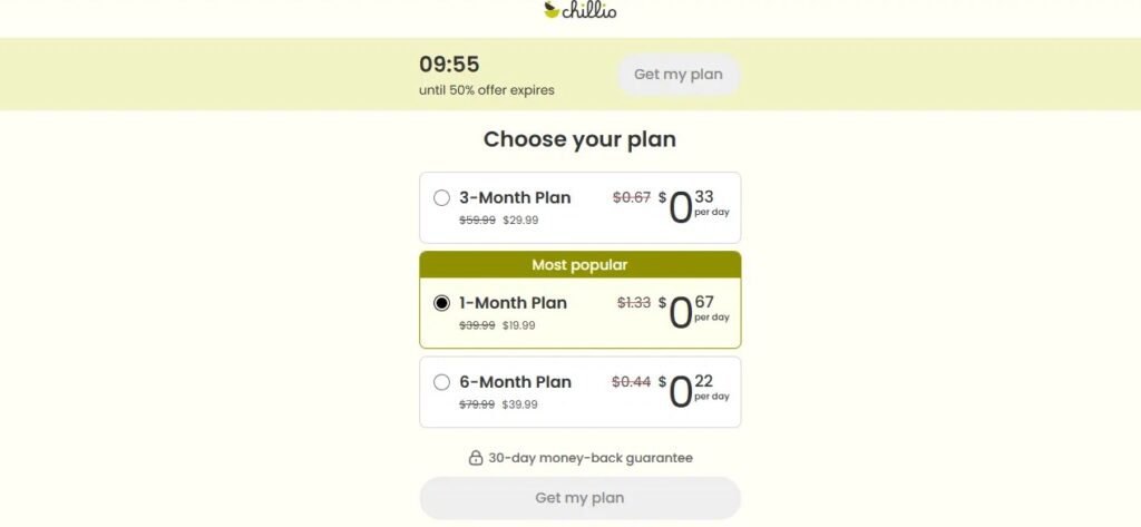 Chillio checkout page showing 09:55 countdown timer for 50 percent off offer with three subscription plan prices