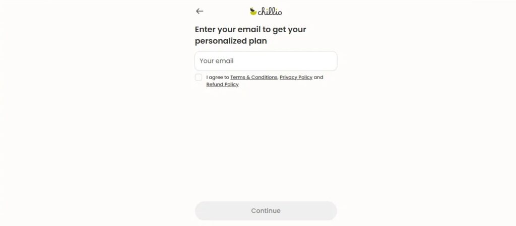 Chillio signup screen asking users to enter email to get personalized plan before any pricing is shown