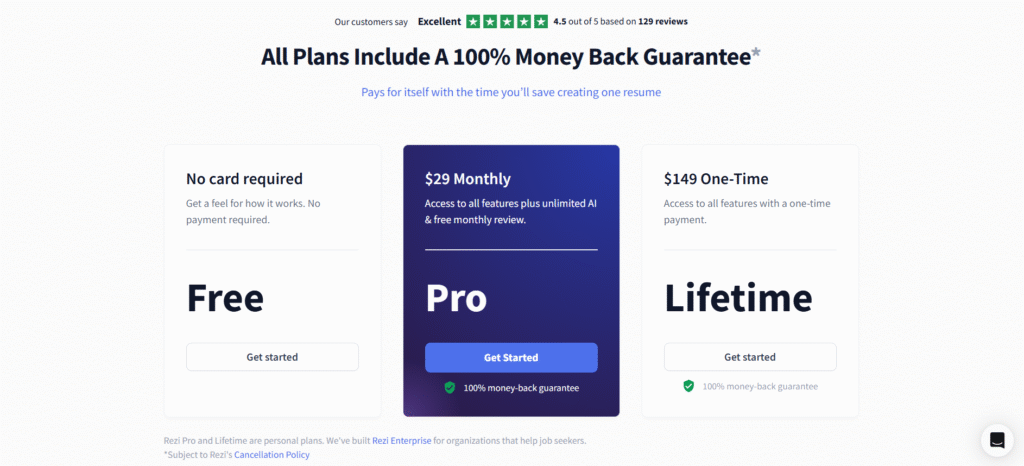 Rezi pricing page showing free, Pro monthly, and Lifetime plans with money-back guarantee.