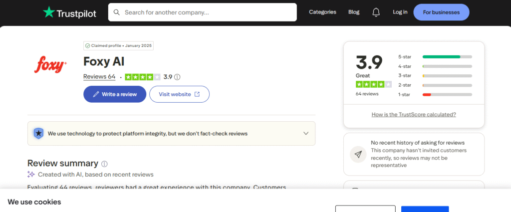 Trustpilot page for Foxy AI showing a 3.9 star rating from 64 reviews