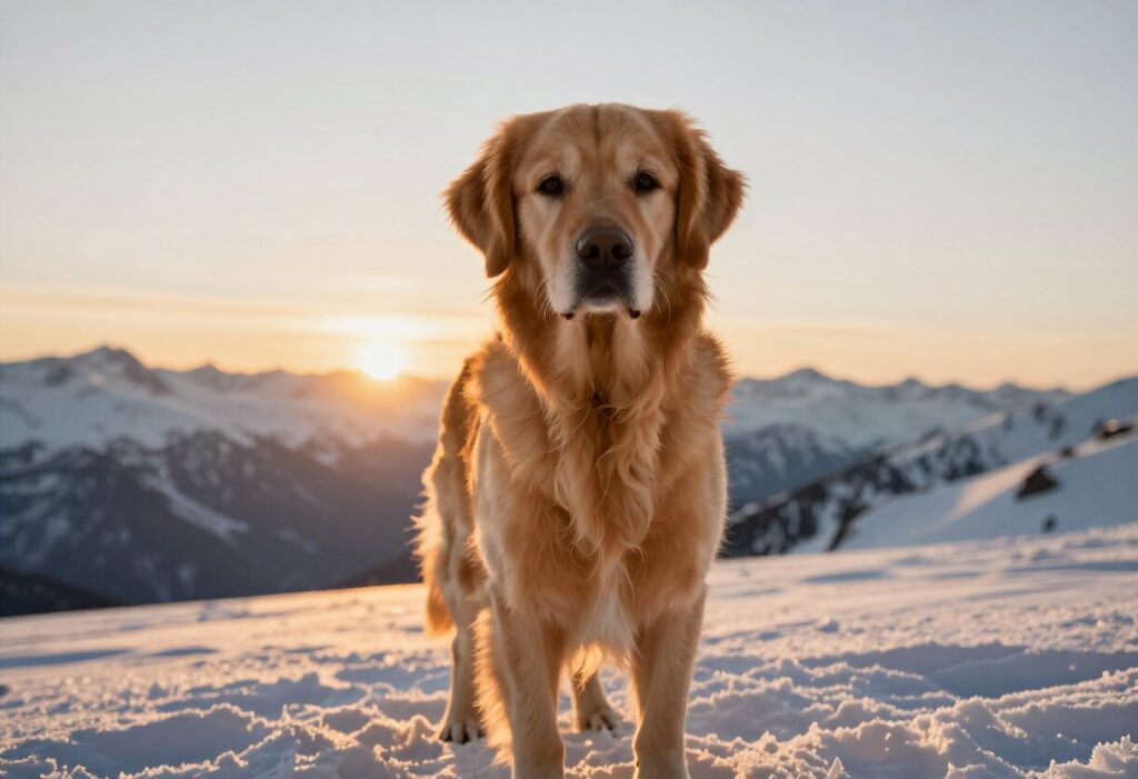 CivitAI generated image of a golden retriever on a snowy mountain at sunrise, created using Z Image Turbo model on civitai.com