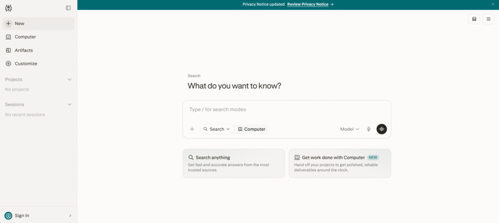 Perplexity AI homepage with search bar and sidebar navigation.