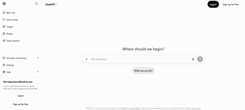 ChatGPT homepage with chat input and left navigation menu.