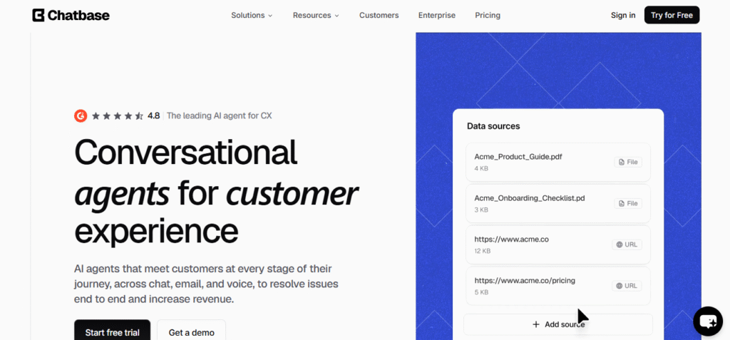 Chatbase homepage showing G2 4.8 star rating and conversational AI agent for customer experience with data source upload interface