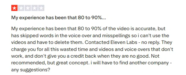 ElevenLabs review showing a one-star rating criticizing skipped words, misspellings, inaccurate video voiceovers, and unresponsive support.