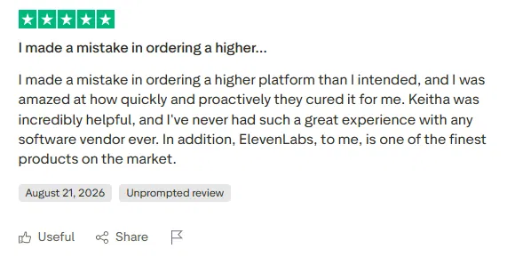 ElevenLabs review showing a five-star rating praising its customer support and software after an incorrect platform purchase.