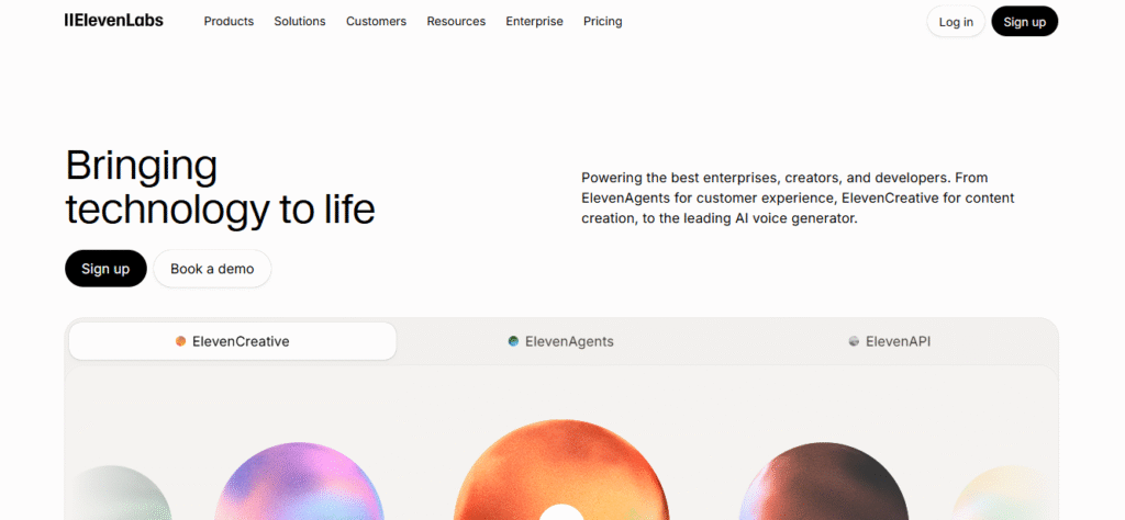 ElevenLabs homepage showing the “Bringing technology to life” headline, navigation menu, sign-up and demo buttons, and colorful AI product visuals.