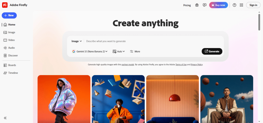 Adobe Firefly AI image generator homepage showing the image creation interface with a prompt box, Generate button, and AI-generated artwork examples.