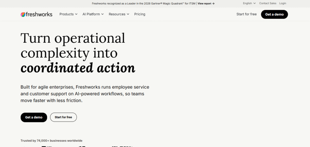 Freshworks homepage showing AI-powered customer support and employee service platform trusted by 74,000 businesses worldwide