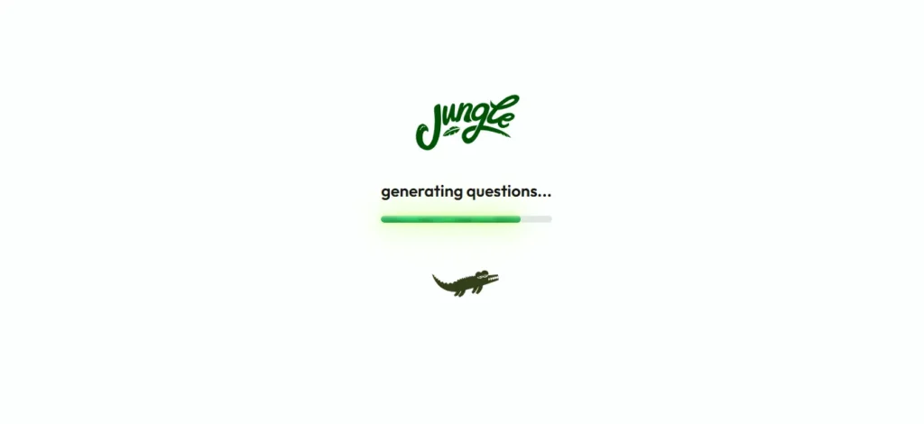 Jungle AI generating questions screen with an alligator animation and progress bar.