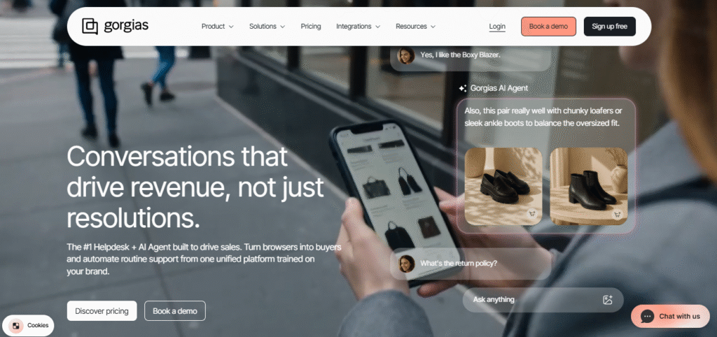 Gorgias homepage showing AI agent for ecommerce customer support with revenue-focused helpdesk capabilities and Shopify integration