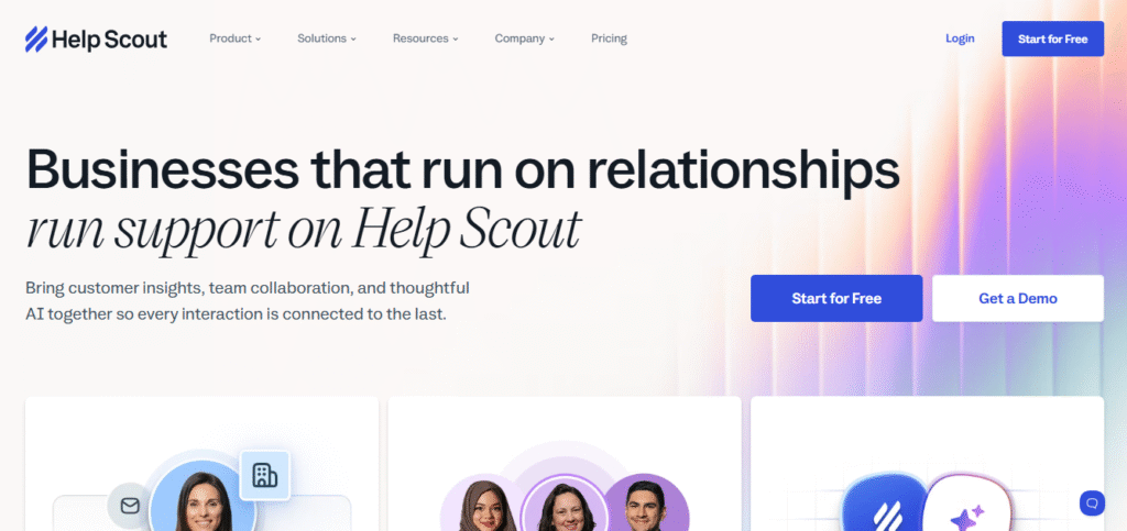 Help Scout homepage showing customer support platform built on relationships with AI-powered team collaboration tools