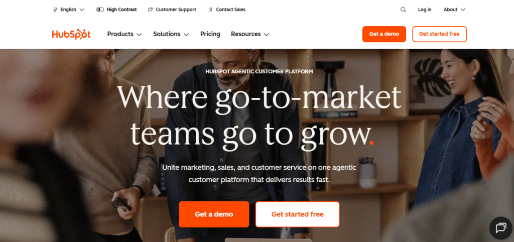 HubSpot homepage showing agentic customer platform uniting marketing sales and customer service with free plan available