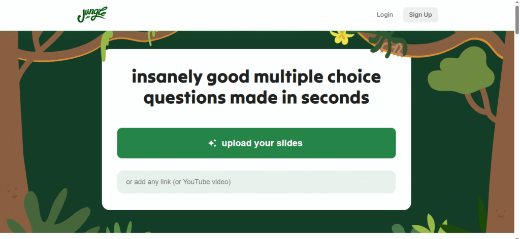 Jungle AI homepage with the headline "insanely good multiple choice questions made in seconds," an upload your slides button, and a paste-a-link field.