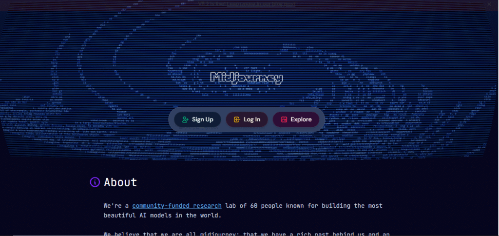 Midjourney homepage featuring Sign Up, Log In, and Explore buttons with a blue AI-themed artistic background and information about the AI research lab.