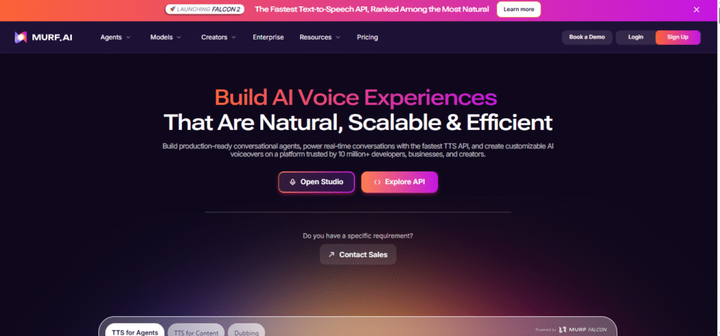 Murf AI homepage showing a dark-themed interface with navigation, pricing and login options, and the headline “Build AI Voice Experiences That Are Natural, Scalable & Efficient,” along with buttons for Open Studio, Explore API, and Contact Sales.