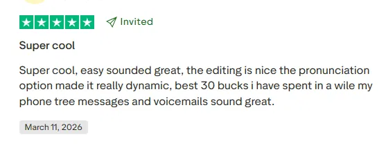 Murf AI review showing a five-star rating praising its realistic voice quality, editing features, and voicemail and phone-tree messages.