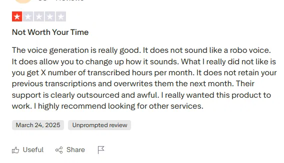 Murf AI review showing a one-star rating and a complaint about voice generation, transcription limits, and poor customer support.