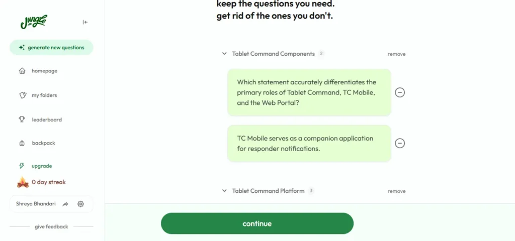 Jungle AI review screen where you keep or remove generated questions, grouped by topic with remove buttons.