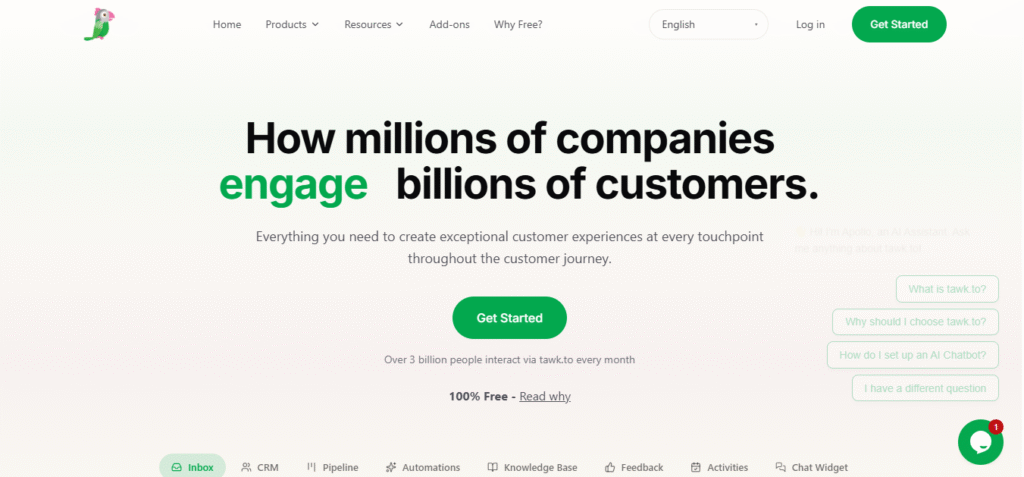 Tawk.to homepage showing 100% free live chat platform used by millions of companies to engage billions of customers monthly