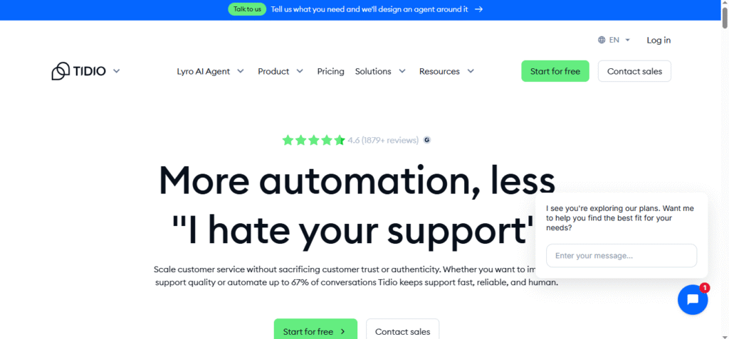 Tidio homepage showing Lyro AI Agent with 4.6 G2 rating and claim of automating up to 67% of customer conversations