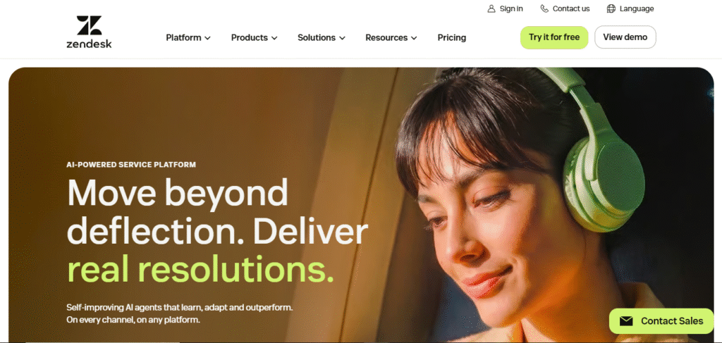 Zendesk homepage showing AI-powered service platform focused on real resolutions beyond deflection with free trial available