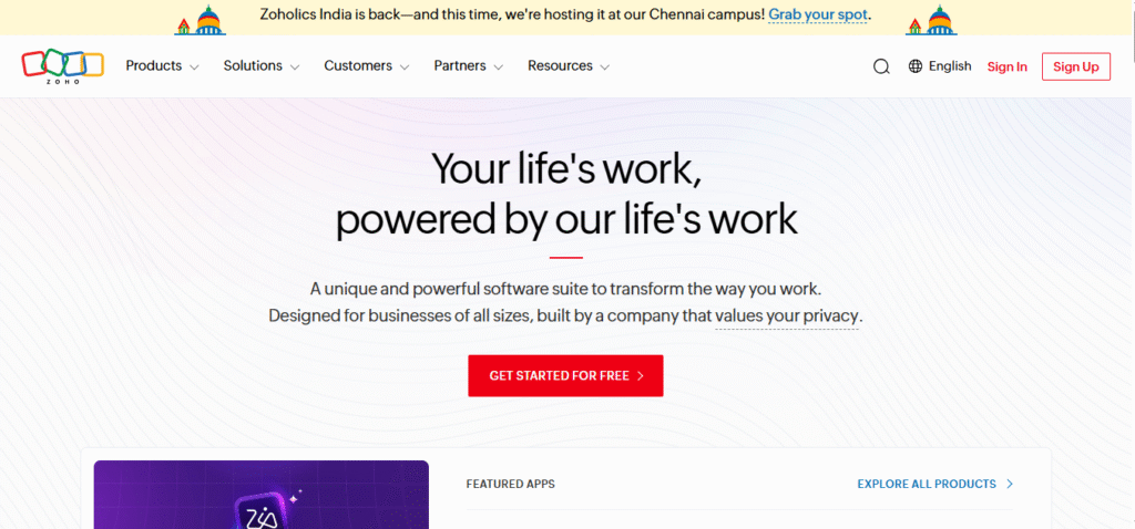 Zoho homepage showing comprehensive business software suite with free plan available across 45+ applications including Zoho Desk